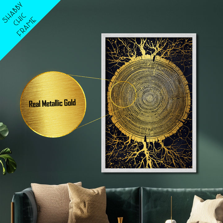 Metallic Gold Art of Yggdrasil Inspired Tree Rings, Norse Mythology Metal Art for Dad Gift or Study, handcrafted real wood frame