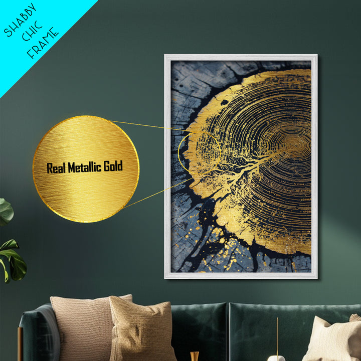 Odin’s Yggdrasil Tree Ring Metallic Gold Art, Nordic Mythology Metal Art for Man Cave or Office, framed in natural real wood