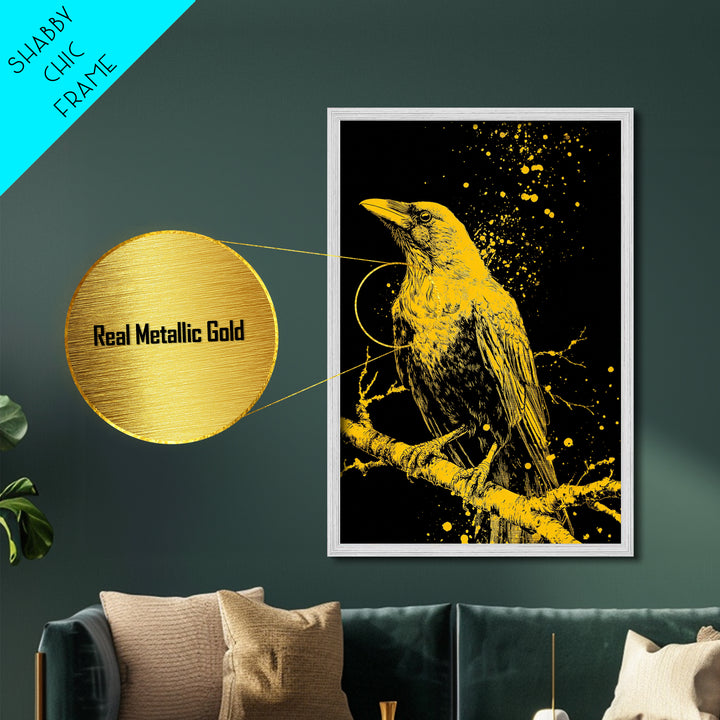 Nordic Mythology Raven Metallic Gold Art, Odin’s Huginn Raven Metal Art for Dad Gift, Office or Study, framed with natural wood
