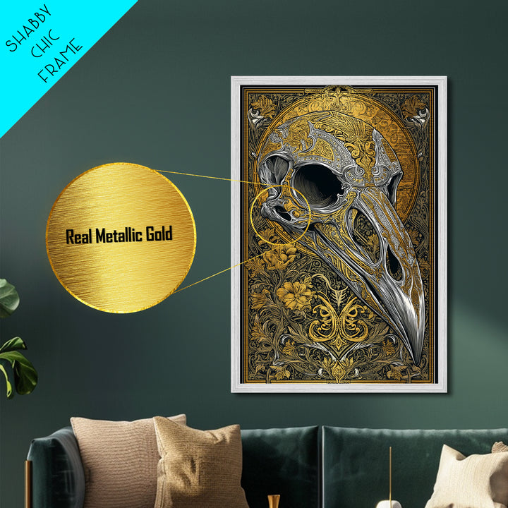 Norse Crow Skull Metallic Gold Art, Nordic Mythology Metal Art for Man Cave or Office, framed in handcrafted real wood frame
