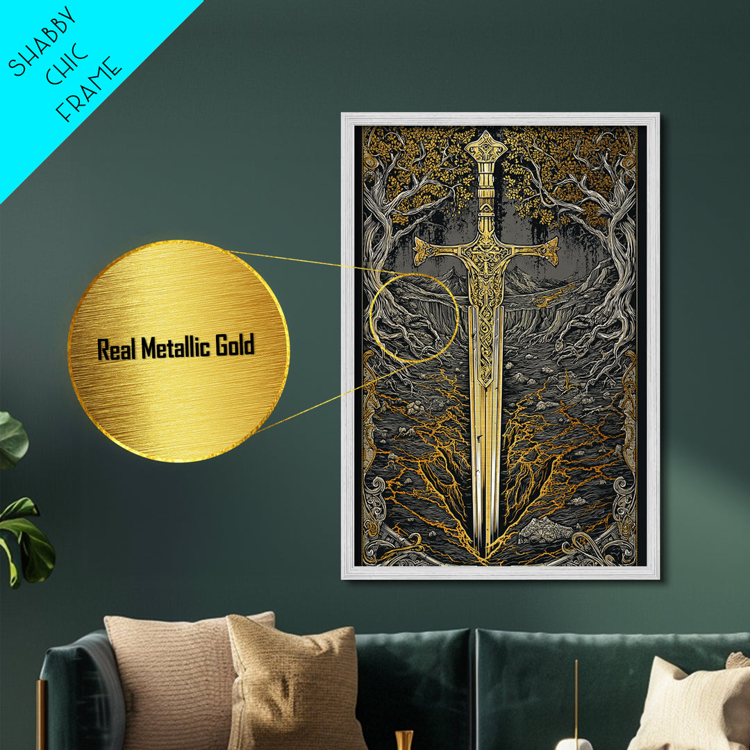 Yggdrasil Sword Metallic Gold Art, Nordic Mythology Metal Art for Office or Dad Gift, handcrafted and framed in real natural wood