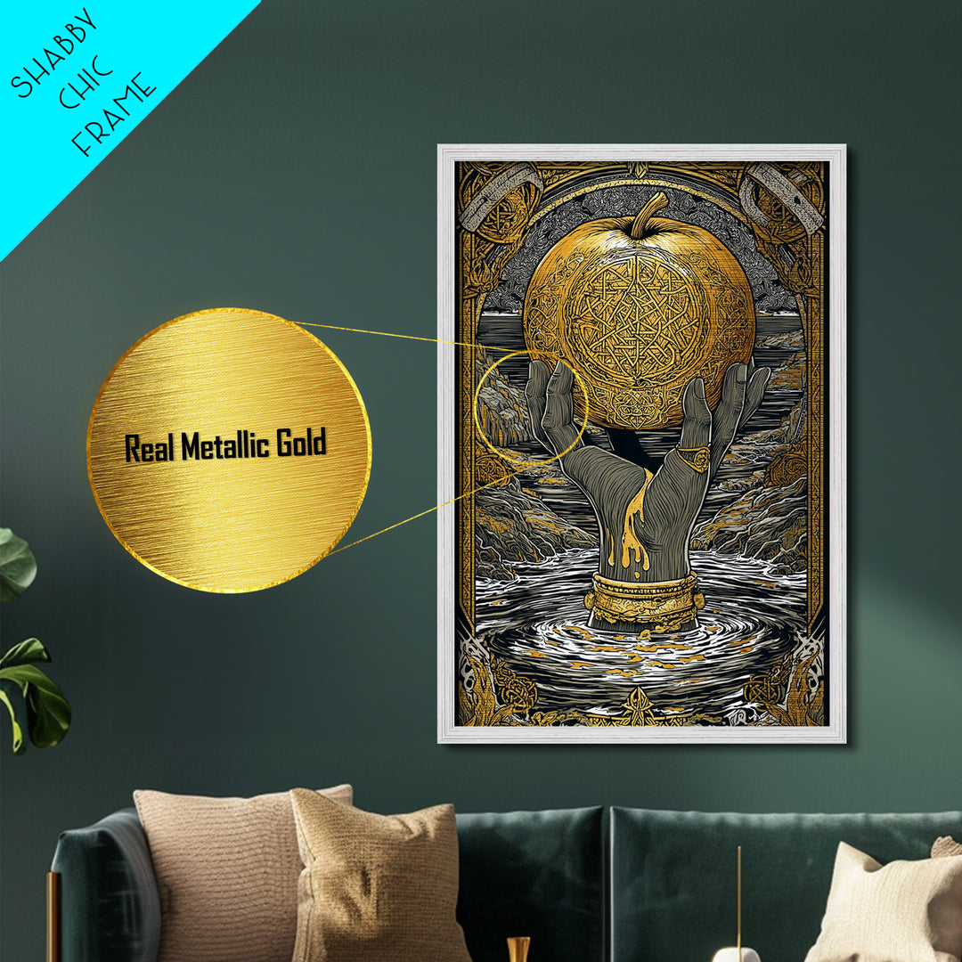Mythic Apple Offering Metallic Gold Art Metal Art | Nordic God Wall Art Pagan Symbol Decor | Office or Man Cave | Wood Frame