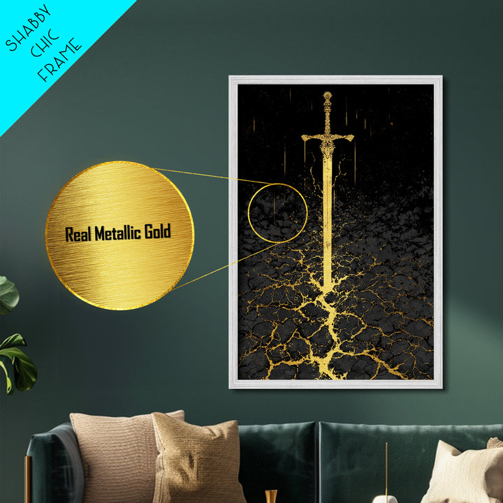 Norse Warrior Sword Metallic Gold Art Metal Art | Viking Mythology Weapon Wall Decor Dad Gift | Office Art with Natural Wood Frame