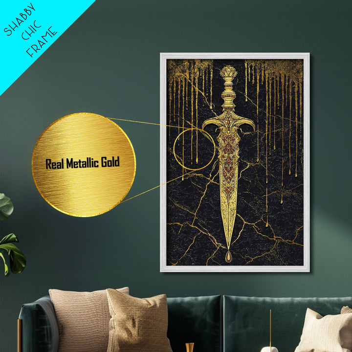 Norse Royal Dagger Metallic Gold Art Metal Art | Viking Weapon Mythology Wall Decor Office Art | Framed with Solid Natural Wood