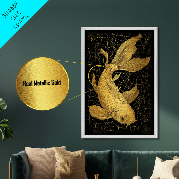 Nordic Mythology Metallic Gold Art Metal Art Koi Fish Wall Decor, Viking Inspired Gift for Men, Framed in Real Wood