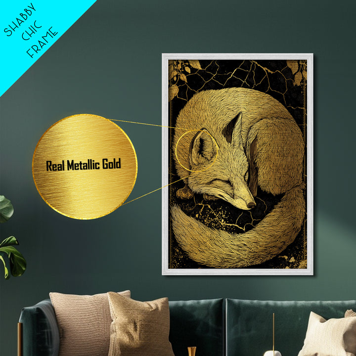 Nordic Sleeping Fox Metallic Gold Art Metal Art Decor, Viking Myth Inspired Animal Wall Hanging with Natural Wood Frame