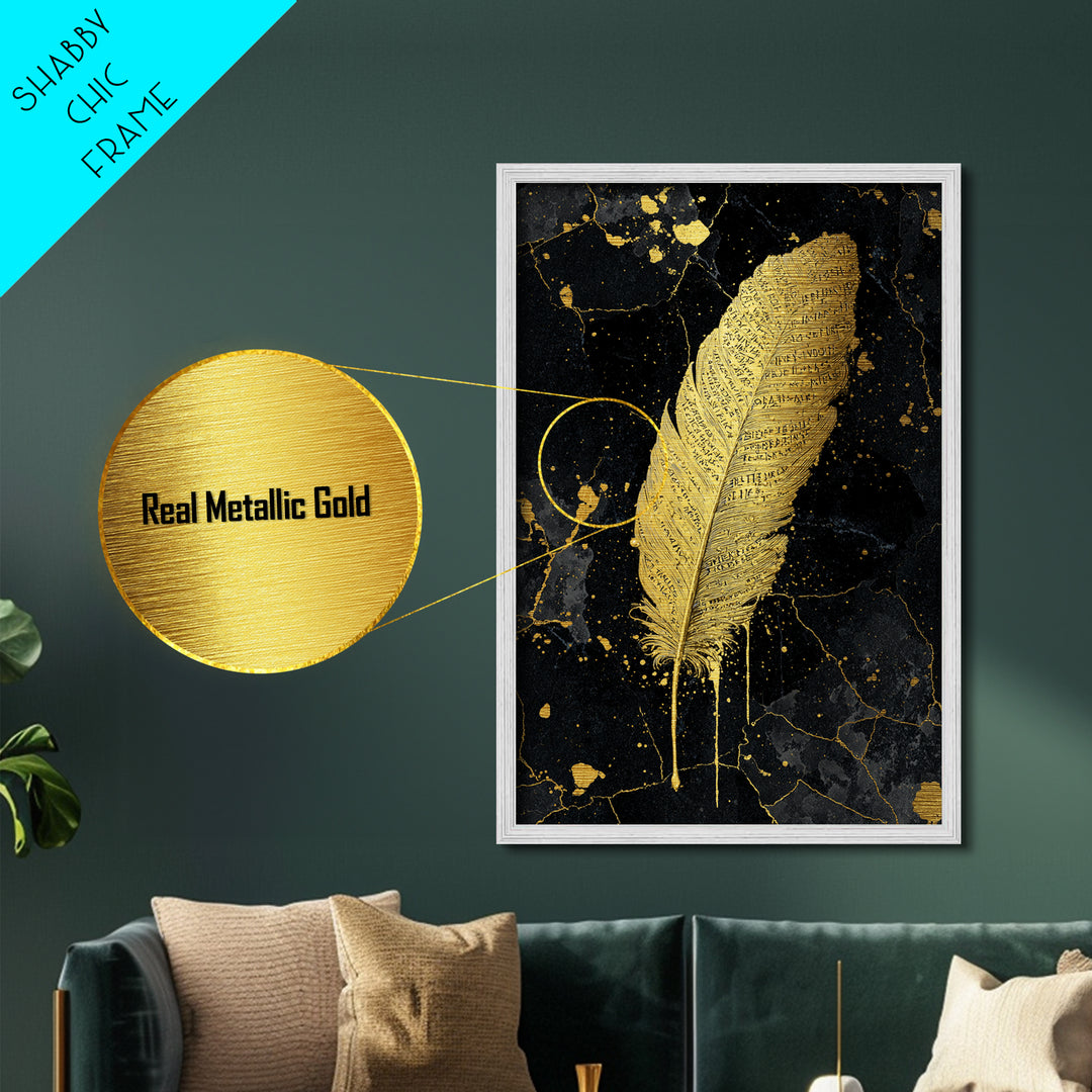 Runic Feather Metallic Gold Art, Nordic Mythology Inspired Metal Art for Office or Man Cave, Framed in Natural Wood