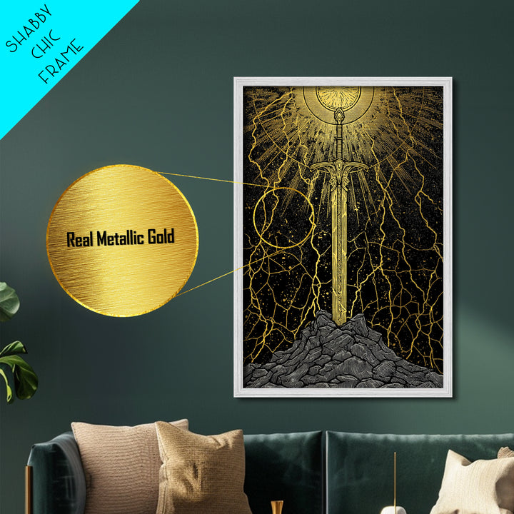 Viking Sword Metallic Gold Art, Norse Mythology Weapon Metal Art with Lightning, Office Wall or Dad Gift, Framed in Wood