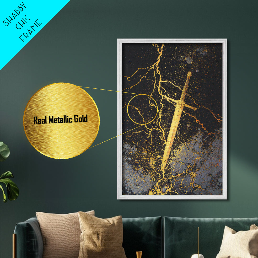 Runed Viking Sword Metallic Gold Art, Nordic Mythology Inspired Metal Art for Office Wall or Man Cave, Natural Wood Frame