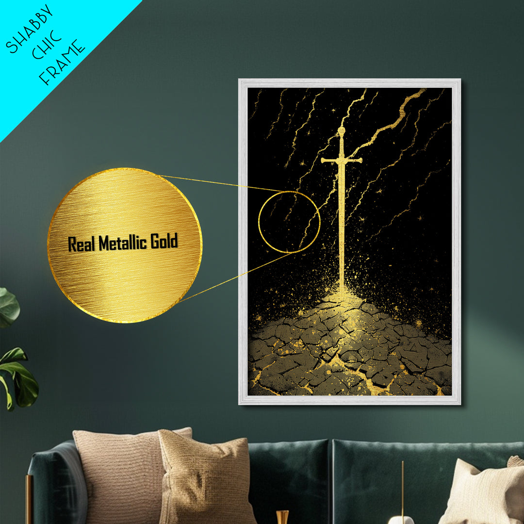 Odin’s Throne Metallic Gold Art, Viking Wolves and Norse Mythology Metal Art for Man Cave or Office Wall, with Real Wood Frame