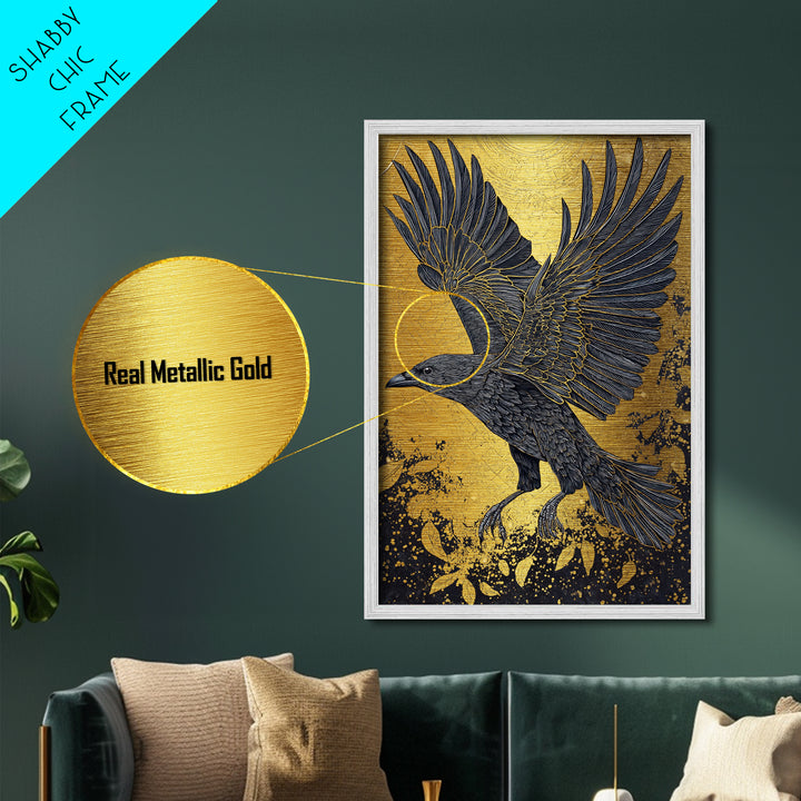 Raven of Odin Metallic Gold Art Metal Art | Norse Mythology Wall Decor | Viking Symbol Office Art Dad Gift | Natural Wood Frame