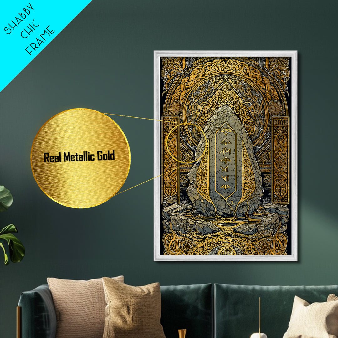 Obelisk Metallic Gold Art, Viking Metal Art Wall Decor with Norse Runes, Nordic Myth Inspired Office Decor in real wood frame