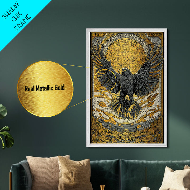 Nordic Eagle Guardian Metallic Gold Art Metal Art | Viking Wall Decor Norse Mythology Art for Men | Mounted in Real Wood Frame