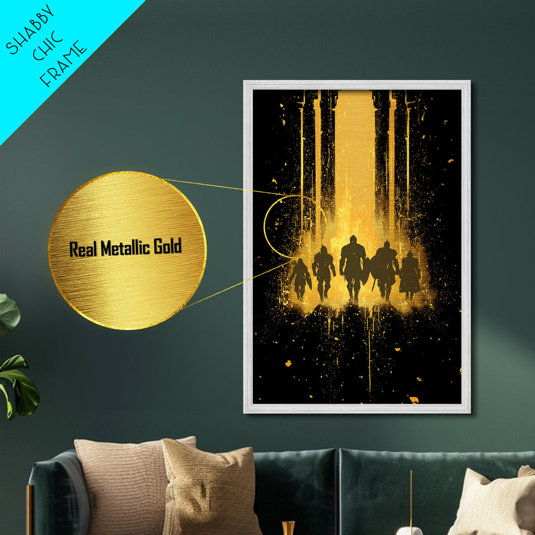Norse Warriors Metallic Gold Art, Viking Metal Art Wall Decor with Epic Battle Silhouettes, Man Cave Gift framed in real wood