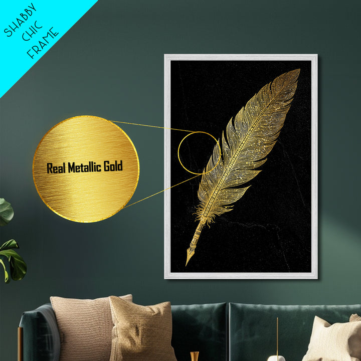 Runic Feather Quill Metallic Gold Art Metal Art | Viking Mythology Writing Symbol Wall Decor | Office or Study Gift with Wood Frame