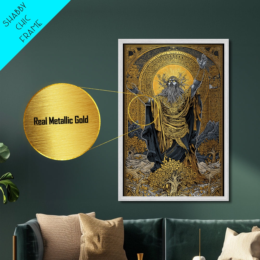 Norse God Metallic Gold Art Metal Art – Odin Inspired Mythology Wall Decor for Office, Man Cave, or Dad Gift, real wood frame