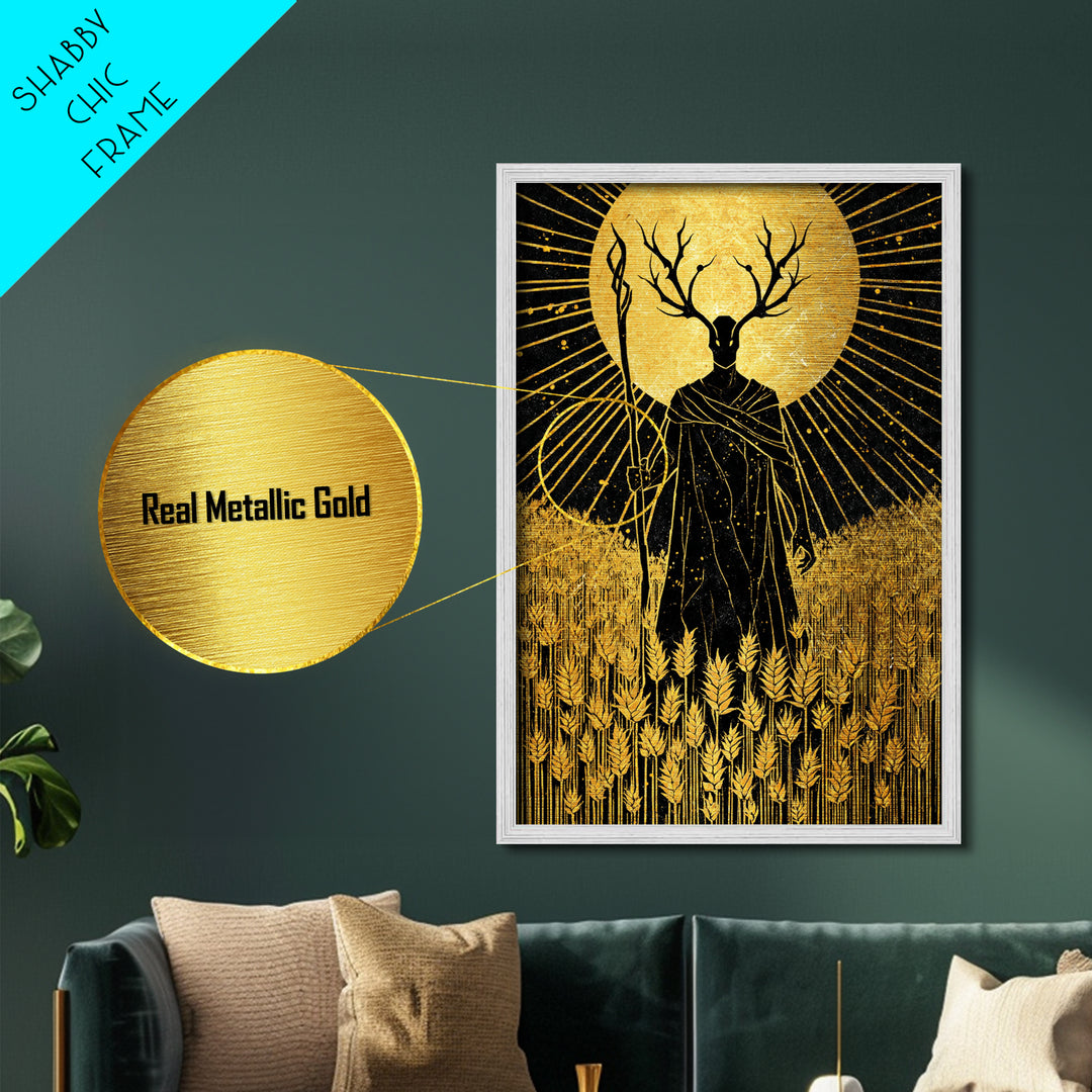 Nordic Frey God of Fertility Metallic Gold Art Metal Art, Viking Mythology Wall Decor, natural wood framed art, Office and Dad Gift