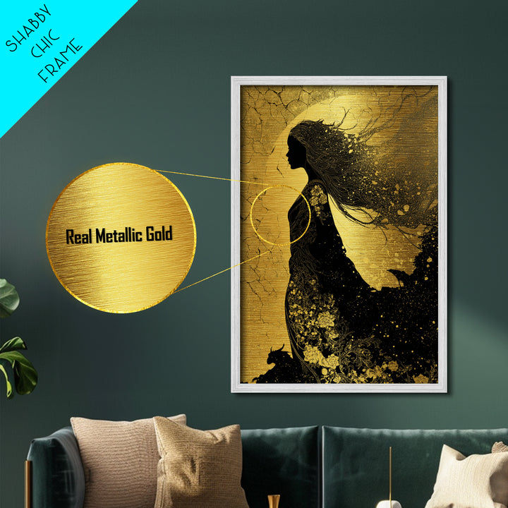 Freyja Norse Goddess Metallic Gold Art Metal Art, Viking Mythology Wall Decor, framed in real wood, Elegant Office and Man Cave Gift