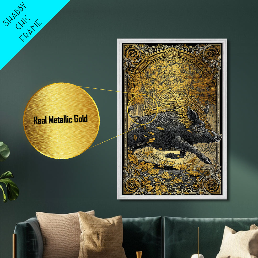 Norse Boar Gullinbursti Metallic Gold Art Metal Art Viking Wall Decor Nordic Mythology Gift Dad Office Art framed in solid wood