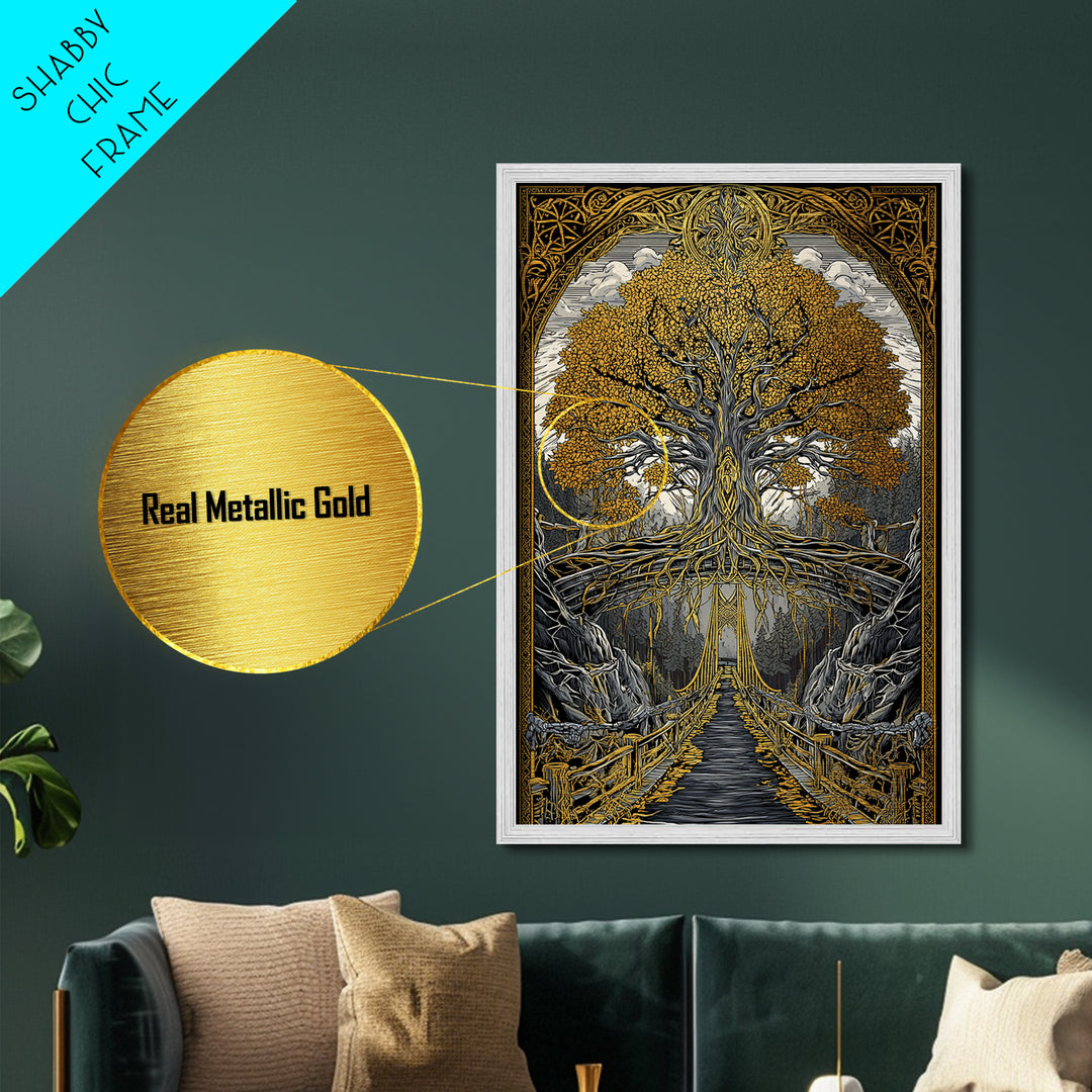 Nordic Helheim Bridge Mythology Print Metallic Gold Art Metal Art Viking Wall Decor for Men Office or Dad Gift framed in wood