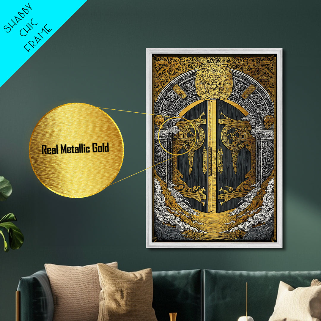 Helheim Norse Realm of the Dead Metallic Gold Art Metal Art Viking Mythology Wall Art Office Decor Man Cave framed in wood trim