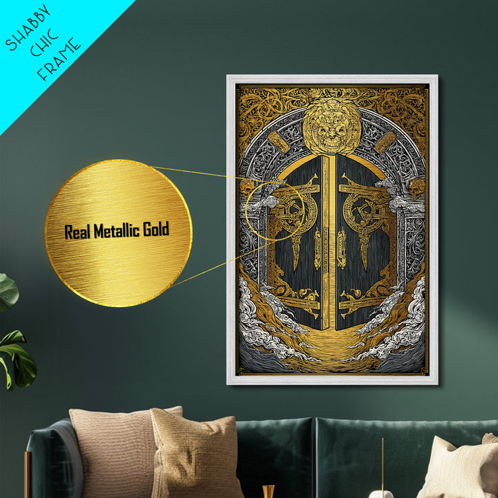 Helheim Norse Realm of the Dead Metallic Gold Art Metal Art Viking Mythology Wall Art Office Decor Man Cave framed in wood trim