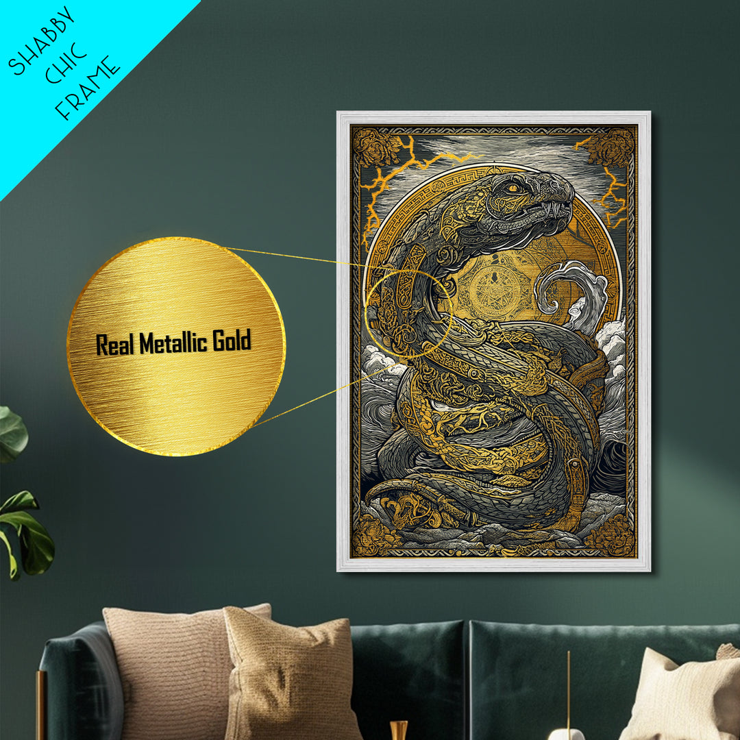 Norse Jrmungandr Metallic Gold Art Metal Art | Viking Serpent Wall Decor | Mythology Office Art framed in natural wood
