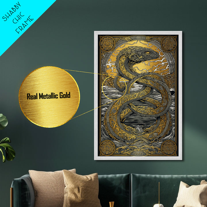 Nordic Mythology Jrmungandr Serpent Metallic Gold Art Metal Art | Viking Decor | Man Cave Gift framed in rustic wood