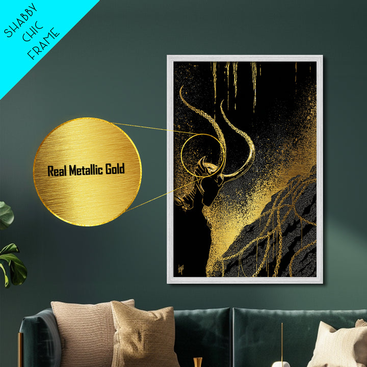 Loki Bound Metallic Gold Art Metal Art | Norse Trickster God Wall Decor | Viking Mythology Man Cave framed in wood