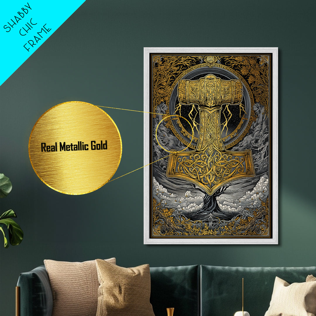 Norse Mythology Mjolnir Hammer Artwork, Metallic Gold Art and Viking Metal Art, framed in real wood, Nordic office and dad gift décor