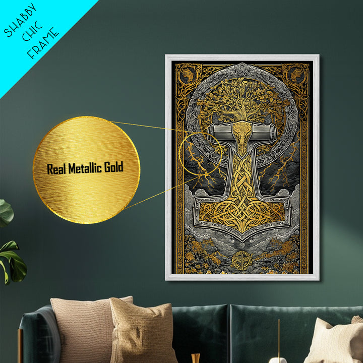 Metallic Gold Art featuring Mjolnir, Thor’s Hammer of Norse Mythology, Viking Metal Art framed in natural wood for man cave or office