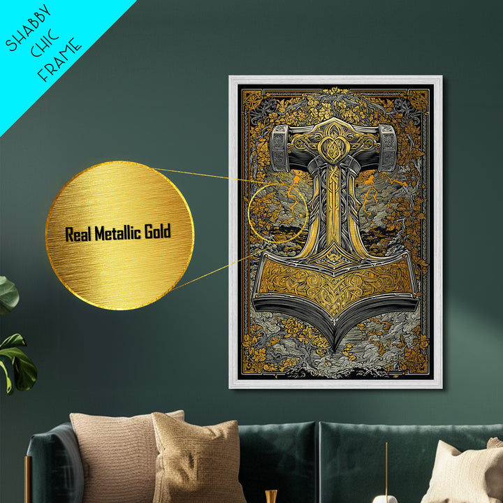 Norse Viking Wall Art of Mjolnir Hammer, Metallic Gold Art and Metal Art, mythology-inspired décor framed in real wood for dad gift