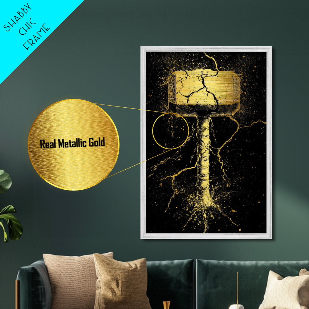 Thor’s Mjolnir Metallic Gold Art, Viking Metal Art from Norse Mythology, framed in real wood, striking office wall art and man cave gift