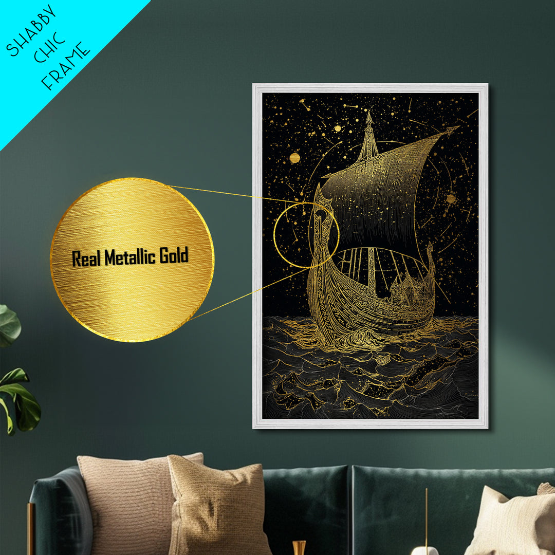 Norse Naglfar Viking Ship Artwork, Metallic Gold Art and Metal Art, Nordic Mythology wall décor framed in real wood, unique dad gift