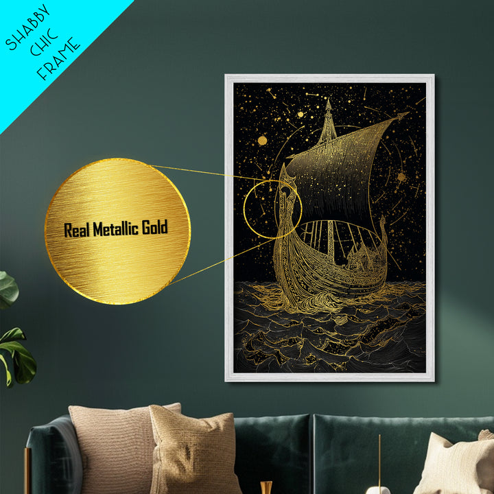 Norse Naglfar Viking Ship Artwork, Metallic Gold Art and Metal Art, Nordic Mythology wall décor framed in real wood, unique dad gift