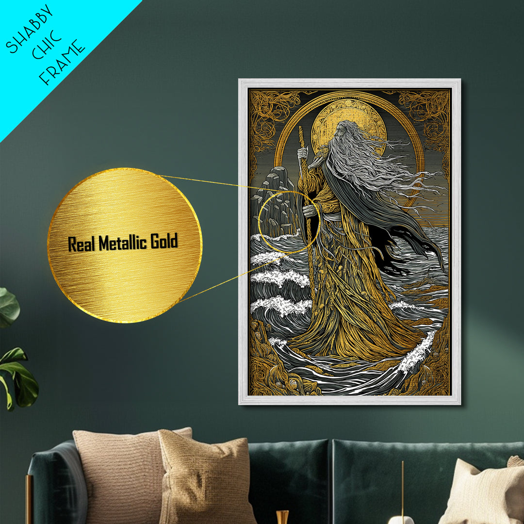 Nordic God Njord Metallic Gold Art, Ocean Deity Norse Mythology Metal Art for Office Wall or Dad Gift, framed with natural wood