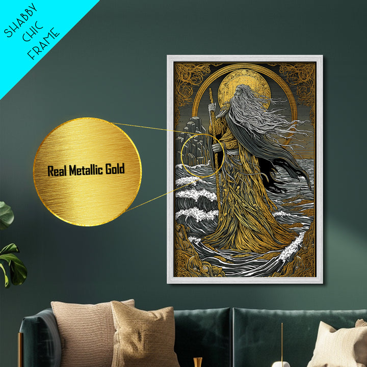 Nordic God Njord Metallic Gold Art, Ocean Deity Norse Mythology Metal Art for Office Wall or Dad Gift, framed with natural wood