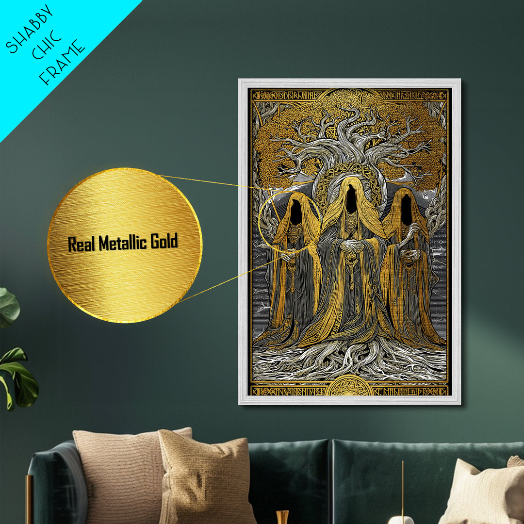 Norns of Yggdrasil Metallic Gold Art, Nordic Mythology Metal Art featuring Fate and Destiny, Viking Wall Art framed in real wood