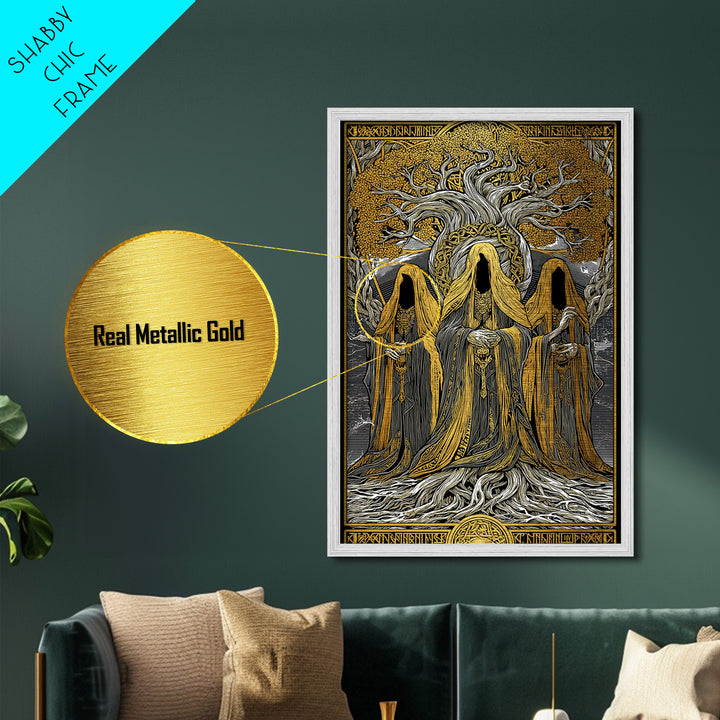 Norns of Yggdrasil Metallic Gold Art, Nordic Mythology Metal Art featuring Fate and Destiny, Viking Wall Art framed in real wood