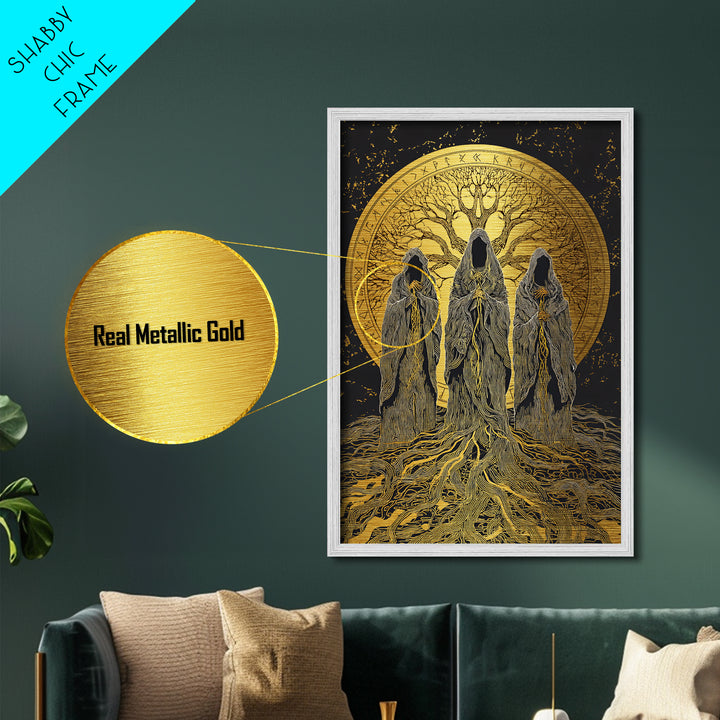 Norns Metallic Gold Art, Norse Mythology Metal Art of Fate Weavers with Yggdrasil, Viking Office Decor beautifully framed in real wood
