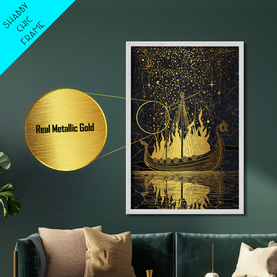 Norse Burial Ship Metallic Gold Art Metal Art – Viking Funeral Boat Wall Decor, Man Cave Office Artwork framed in real natural wood