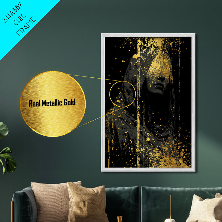 Nordic Hooded Seer Metallic Gold Art Metal Art – Norse Mythology Office Wall Art, Mystic Viking Decor in handcrafted wood frame