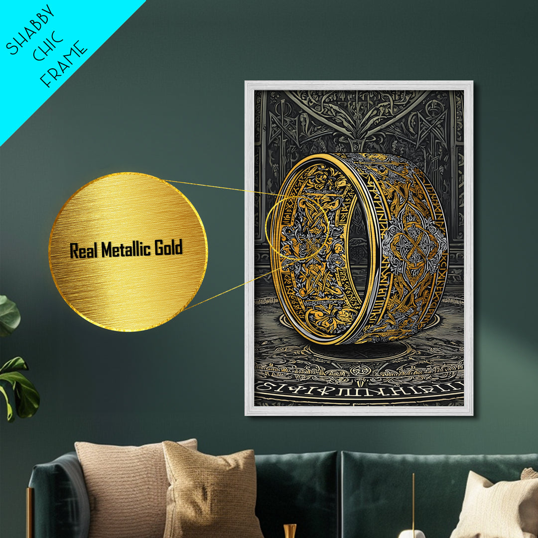 Metallic Gold Art Ornate Norse Ring Metal Art – Nordic Mythology Viking Jewelry Wall Art, Unique Dad Gift framed with natural wood