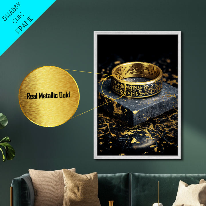 Norse Rune Ring Metallic Gold Art Metal Art – Viking Jewelry Inspired Office Wall Art, Nordic Man Cave Decor framed in wood frame