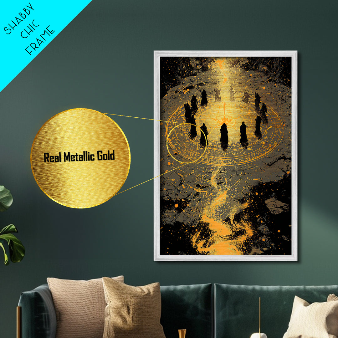 Mystical Norse Ritual Gathering Metallic Gold Art, Viking Pagan Metal Art Wall Hanging with real wood frame, Dad Gift or Office Art