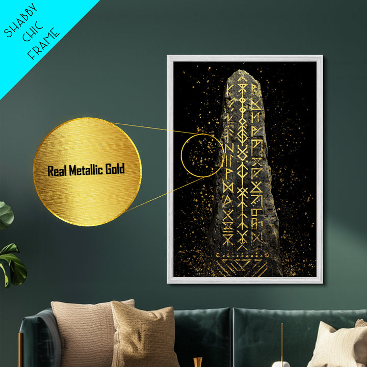 Golden Norse Rune Stone Metallic Gold Art, Mythology Inspired Viking Metal Art framed in real wood, Office Art or Man Cave Accent