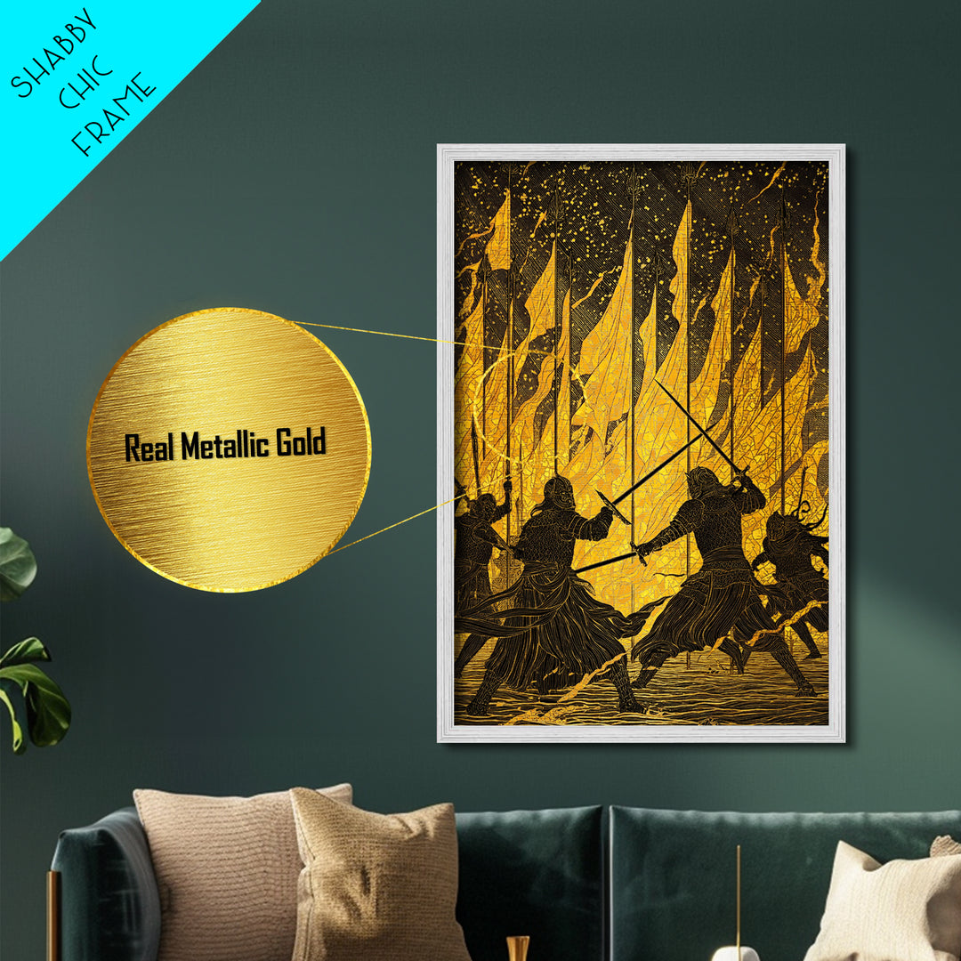 Warriors Clash in Fiery Nordic Battle Metallic Gold Art, Viking Combat Metal Art framed with real wood, Man Cave Office Wall Accent
