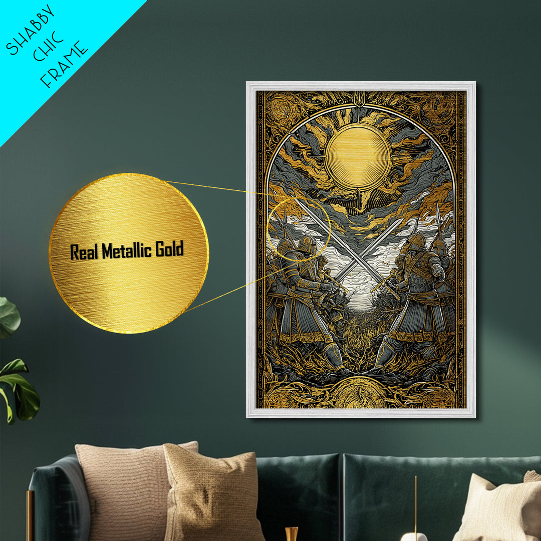 Nordic Mythology Battlefield Metallic Gold Art, Viking Warriors Metal Art with natural wood frame, Strong Office Decor or Dad Gift