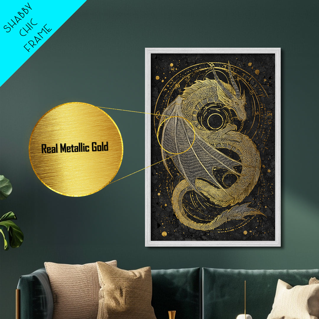 Nordic Dragon Metallic Gold Art, Viking Mythology Metal Art for Man Cave or Office, framed in natural real wood for dad gift