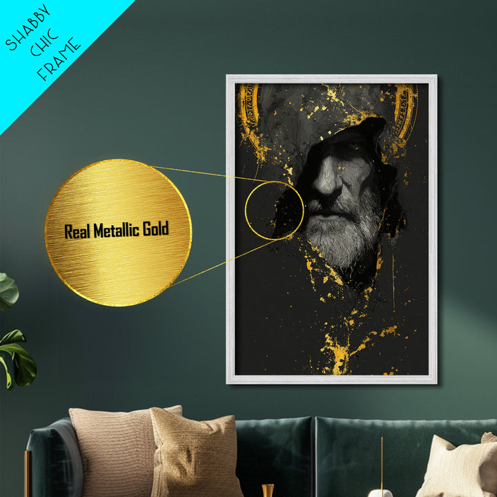 Odin Metallic Gold Art Norse God Portrait, Viking Mythology Metal Art with real wood frame, masculine Nordic wall art for man cave